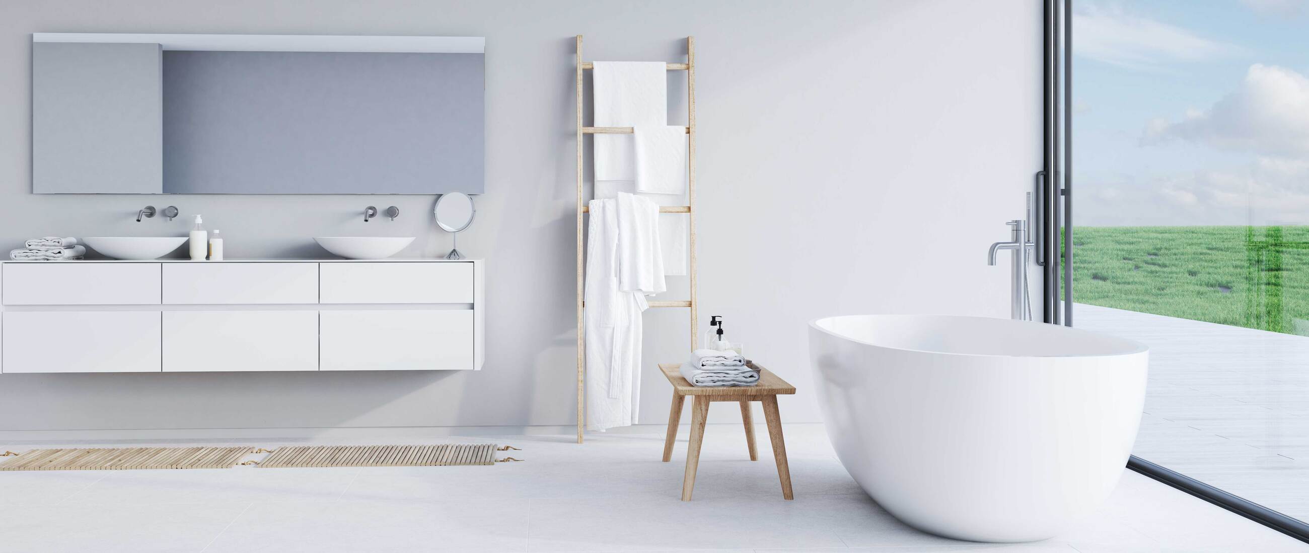 Innovatives Bad mit Aussicht Doppelwaschtisch mit freistehender Wanne